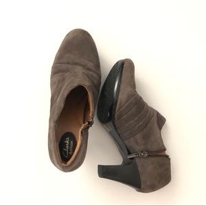 Clark’s sued heel bootie